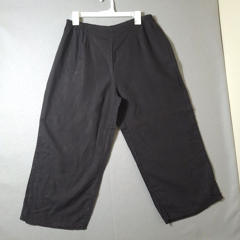 Liz & Jane Linen Pants XL  Black Lagenlook Crop Balloon Wide Leg Elastic Waist